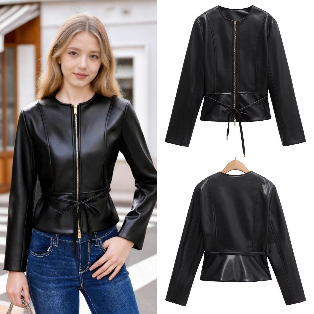 Women's Collarless Faux Leather Jacket with Zipper and Waistband Mune Fashion