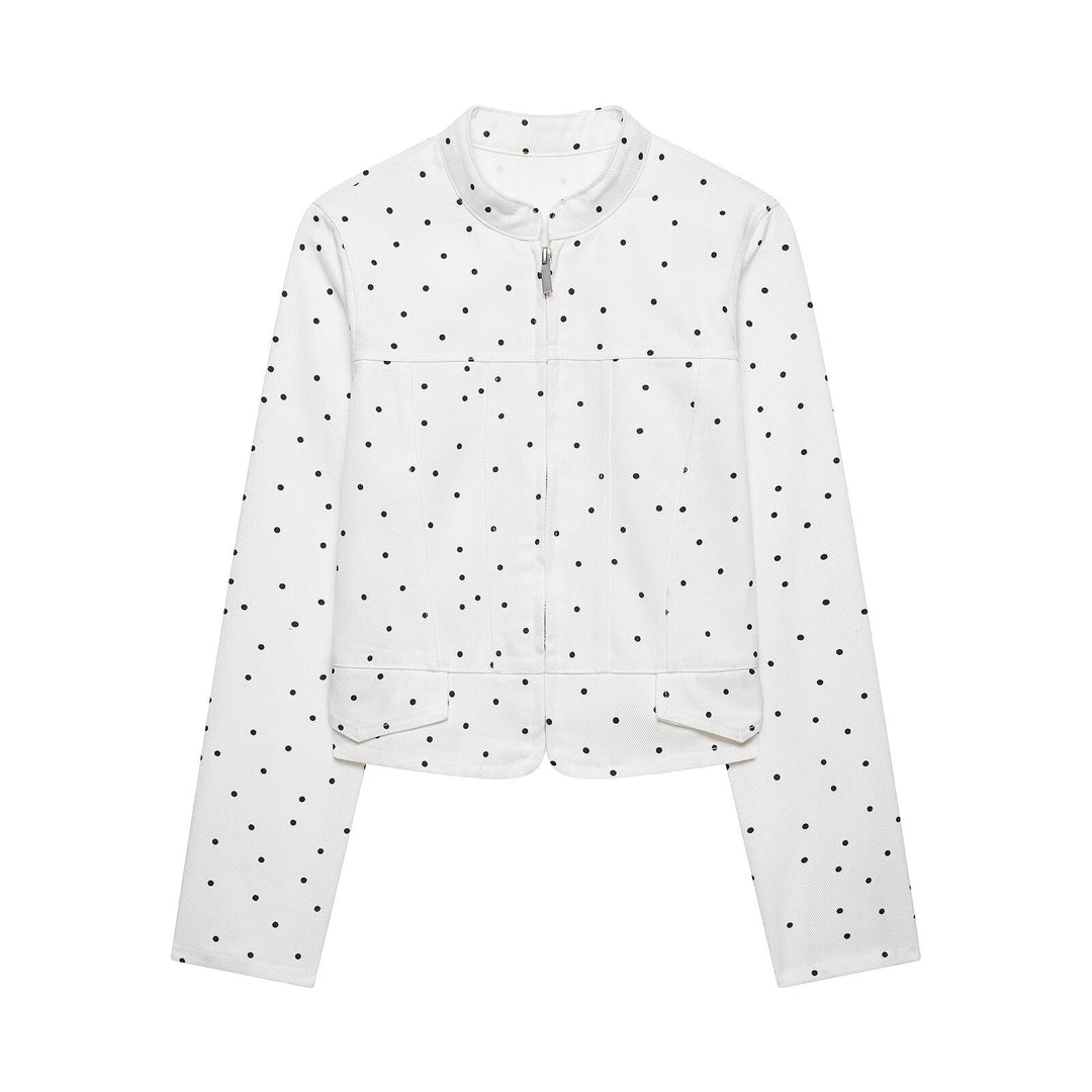 Women's Polka Dot Short Jacket with Stand Collar, Zipper and Flap Pockets Mune Fashion