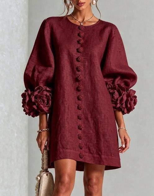 Women’s Short-Cut Linen Dress with 3D Flower Sleeves and Center Button Placket Mune Fashion