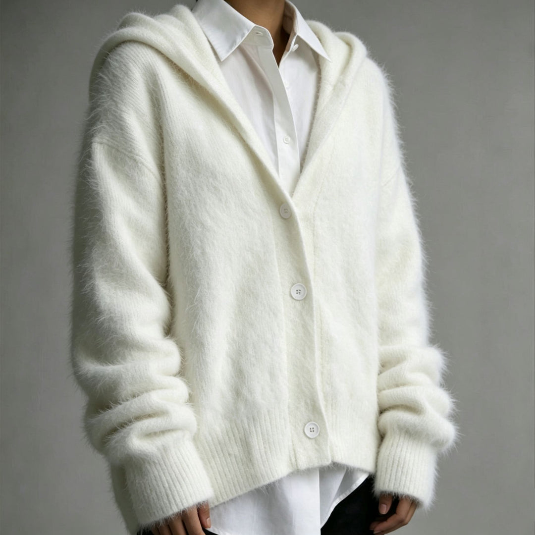 Women's Fluffy Hooded Cardigan in Mohair Look with Button Placket Mune Fashion