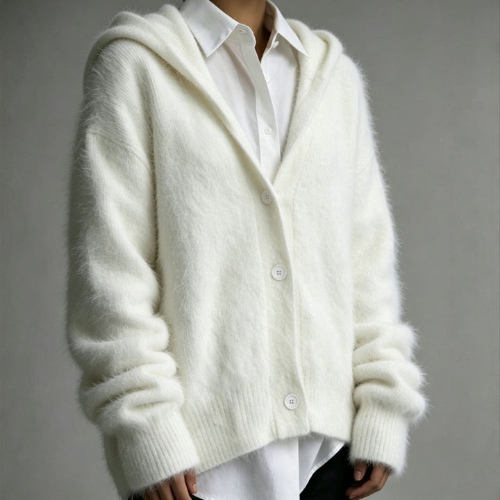 Women's Fluffy Hooded Cardigan in Mohair Look with Button Placket Mune Fashion