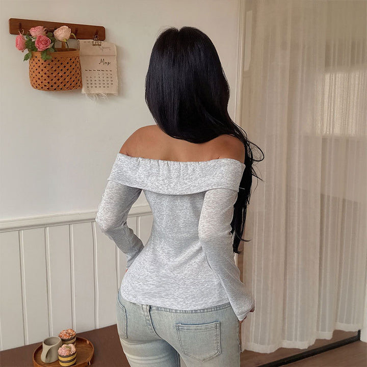 Ladies Off-Shoulder Long Sleeve Top with Fitted Cut and Fine Ribbed Knit Mune Fashion