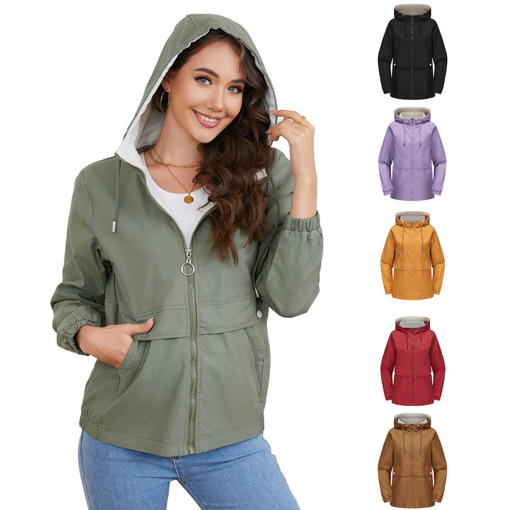 Women's lightweight water-repellent hooded parka with drawstring, ring zipper, and concealed snap button placket Mune Fashion