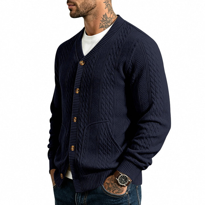 Men's Structured Knit Cardigan with V-Neck and Cable Pattern Mune Fashion