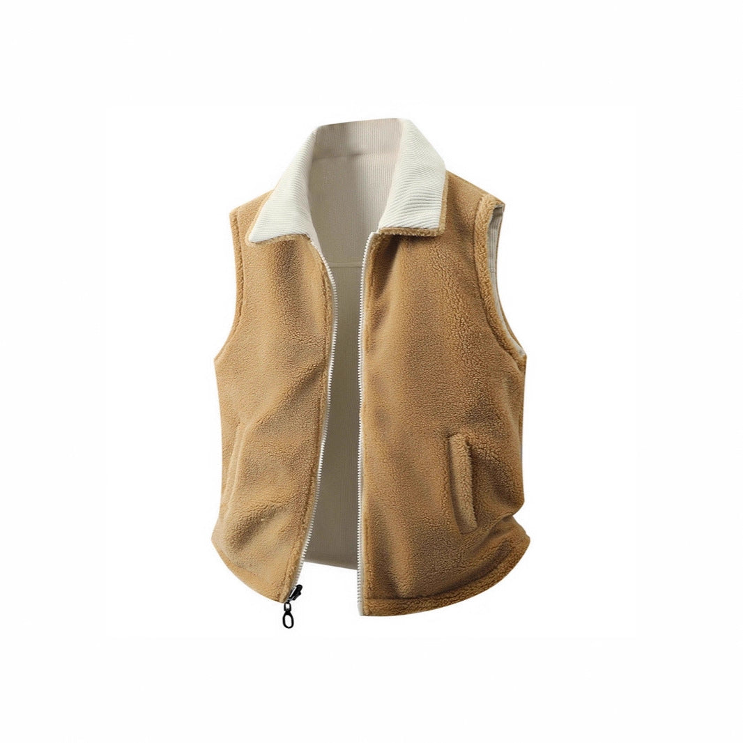 Women's Sleeveless Teddy Fleece Vest with Stand Collar and Full-Length Zipper Mune Fashion