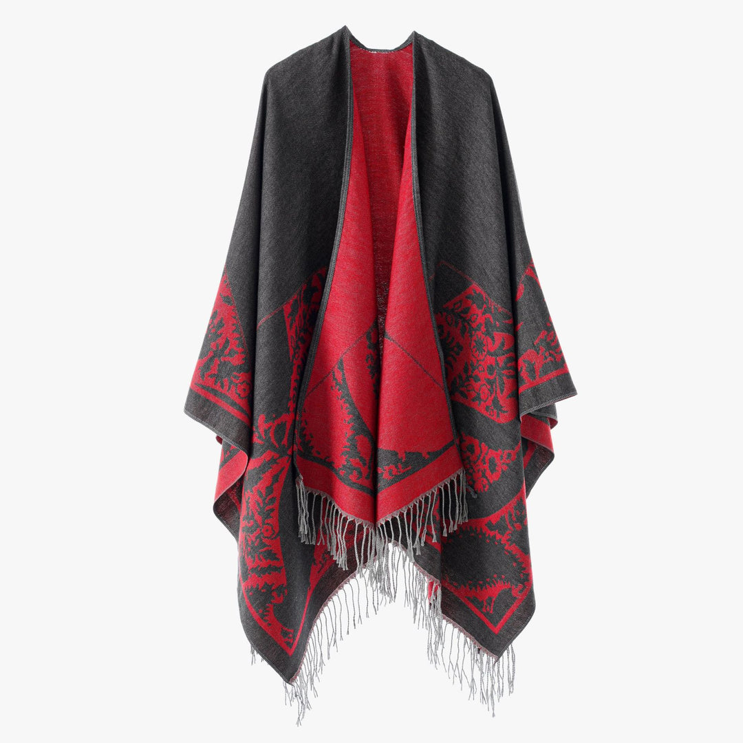 Women's Reversible Fine Knit Poncho with Jacquard Pattern and Fringed Hem Mune Fashion