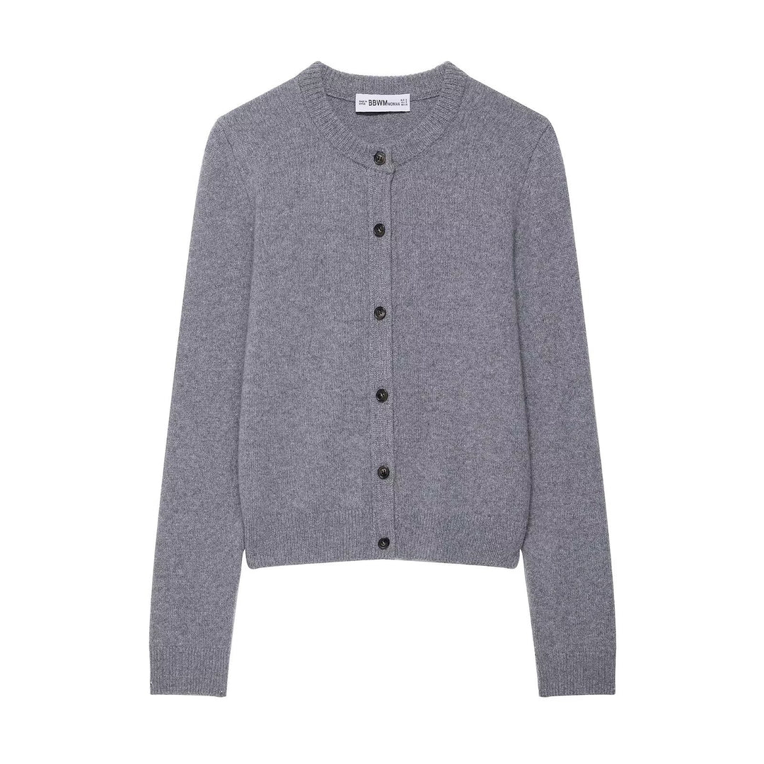 Women Short-Cut Fine Knit Cardigan with Round Neck and Ribbed Cuffs Mune Fashion