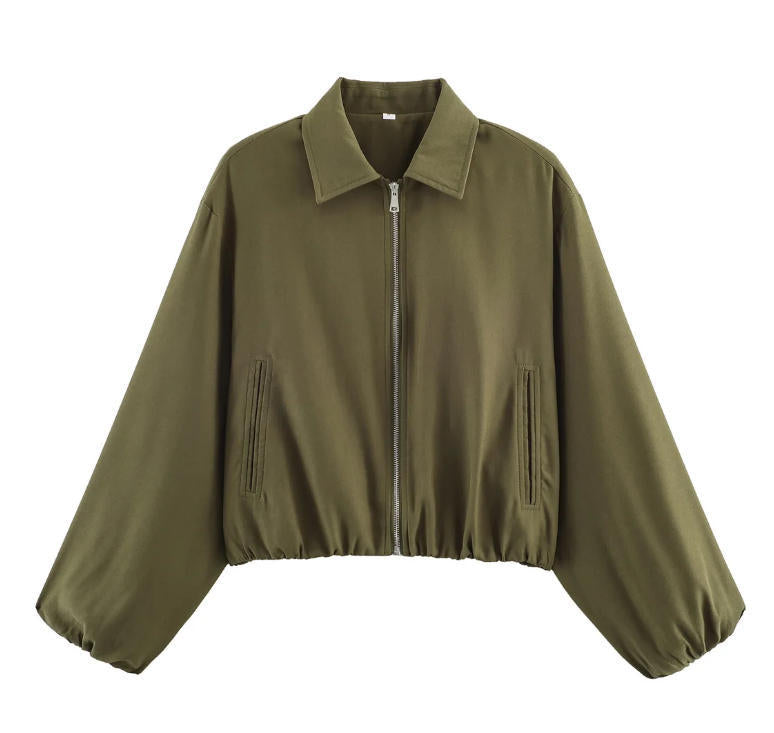 Women Shortened Bomber Jacket in Harrington Style with Balloon Sleeves and Elastic Hem Mune Fashion