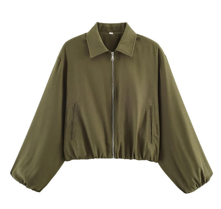 Women Shortened Bomber Jacket in Harrington Style with Balloon Sleeves and Elastic Hem Mune Fashion