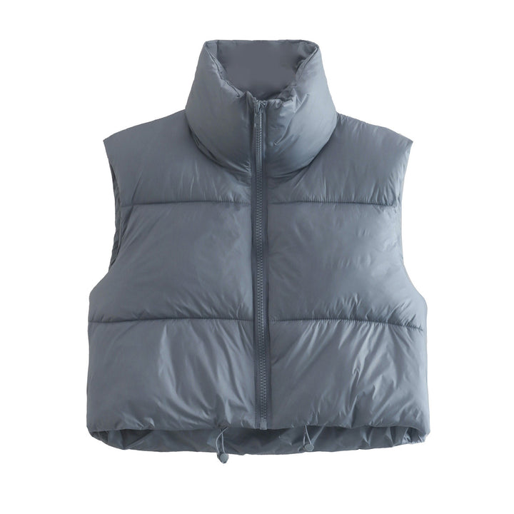Women short quilted vest with high stand-up collar, lightweight puffer look and adjustable hem Mune Fashion