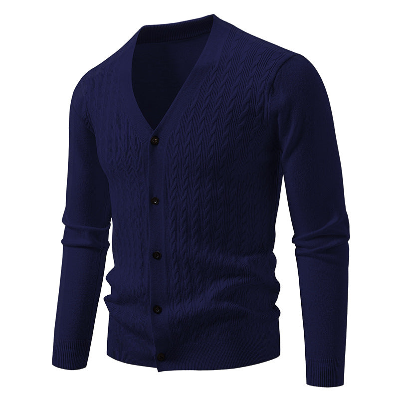 Men's fine knit cardigan with cable pattern, V-neck and button placket Mune Fashion