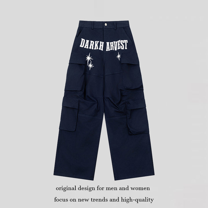 Women Wide Cargo Palazzo Pants with Multiple Pockets, High Waist and Statement Print Mune Fashion