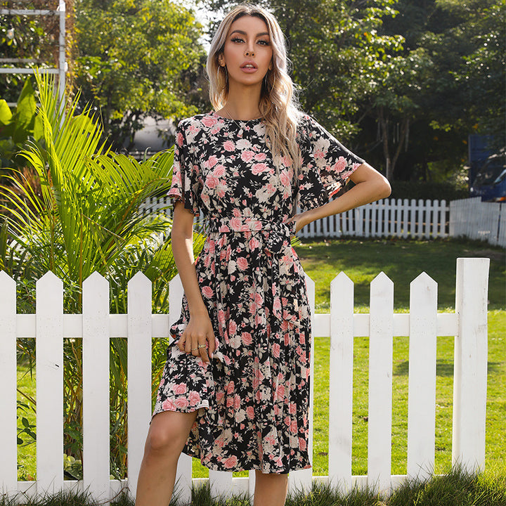 Women Floral Midi Dress with Tie Belt, Flatter Sleeves and A-Line Cut Mune Fashion