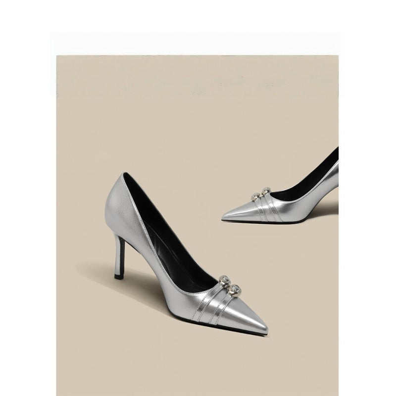 Women pointed toe patent pumps with narrow stiletto and decorative shiny buckle Mune Fashion