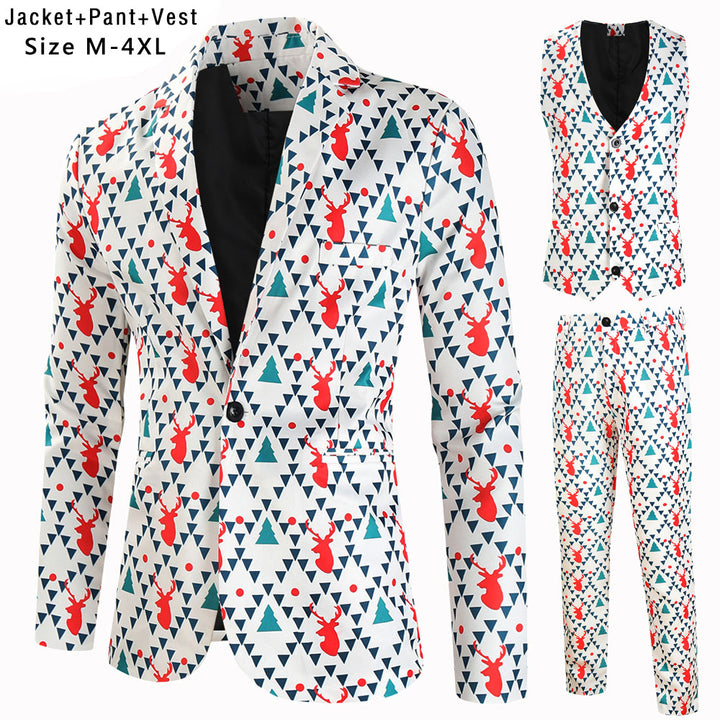 Men's Christmas three-piece suit set with jacket, vest, and trousers in all-over reindeer-tree pattern Mune Fashion