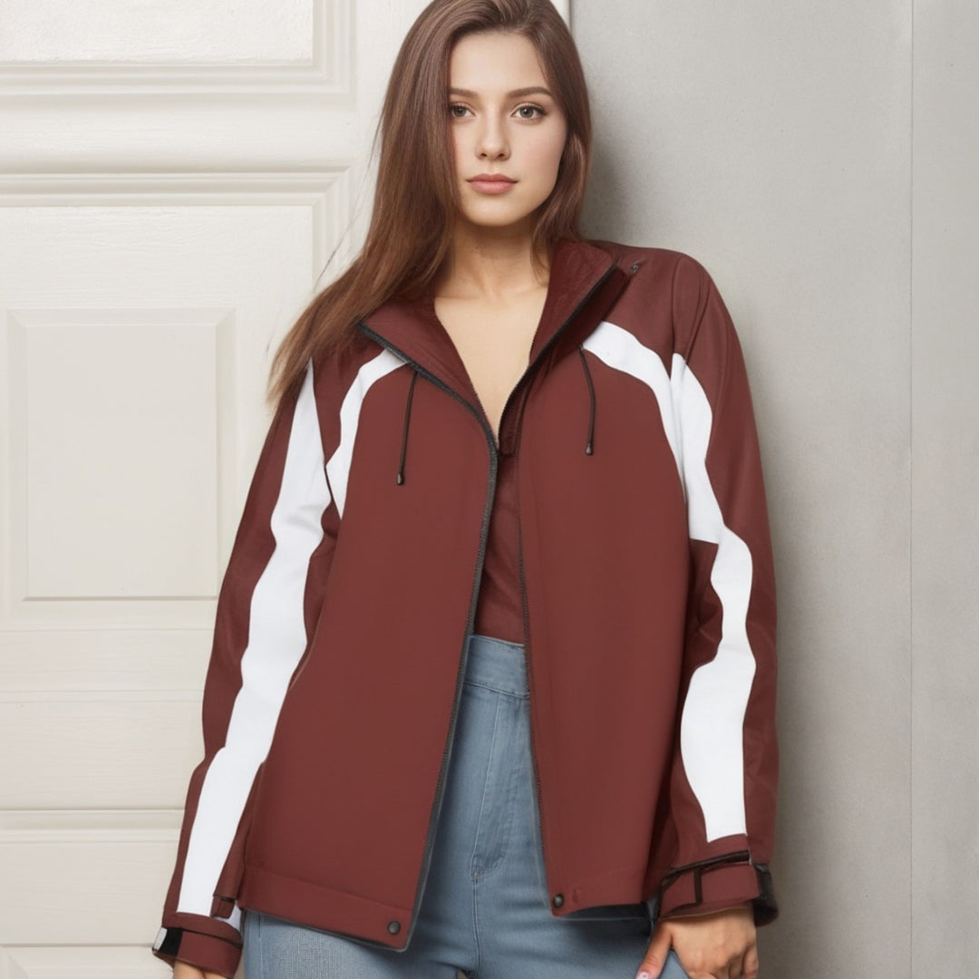 Women Lightweight Hooded Rain Jacket with Contrast Stripes and Mesh Lining Mune Fashion
