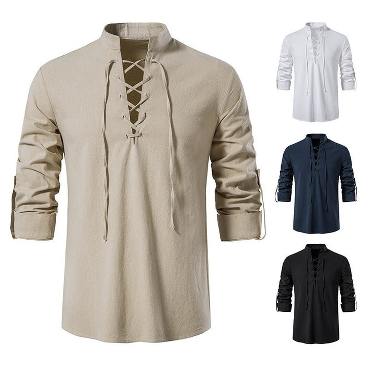 Men's casual lace-up shirt with stand-up collar, linen-cotton blend and roll-up sleeve tabs Mune Fashion