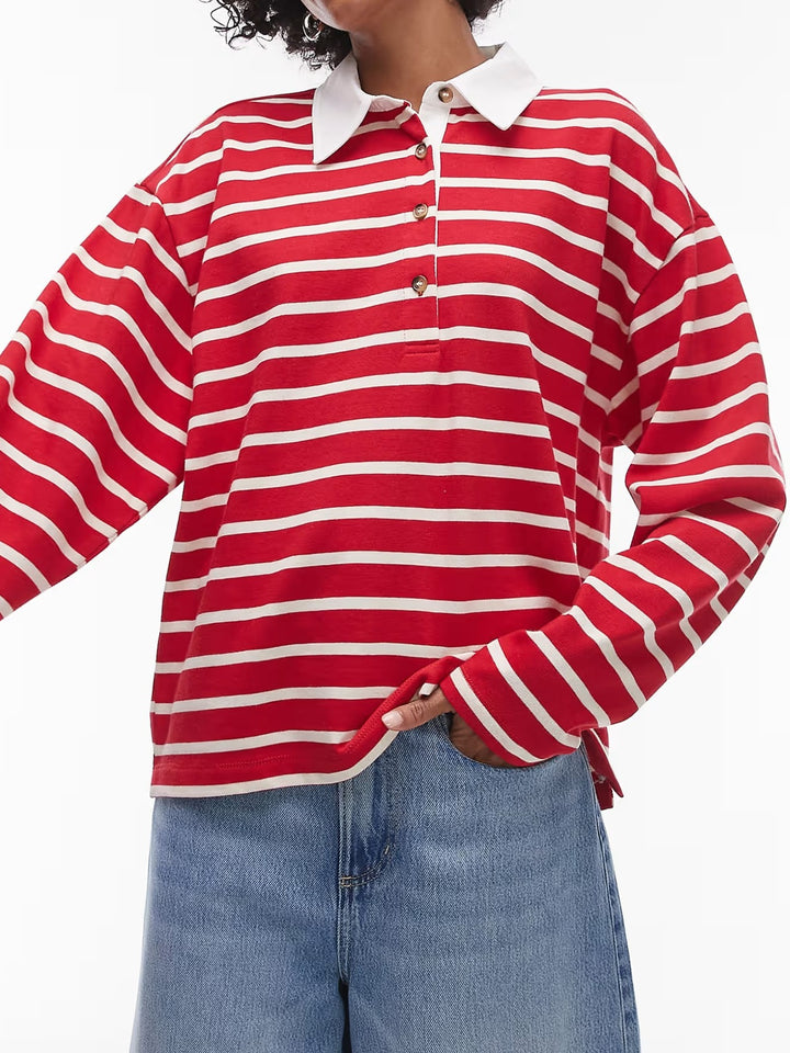 Women's Casual Striped Shirt with Polo Collar