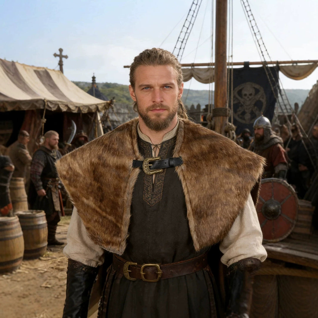 Men's shoulder cape made of faux fur with buckle closure and rustic Viking look Mune Fashion