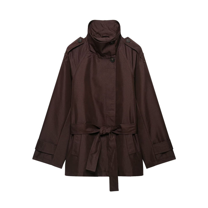 Women's Short Tailored Rain Jacket in Trench Style with Stand Collar and Tie Belt Mune Fashion