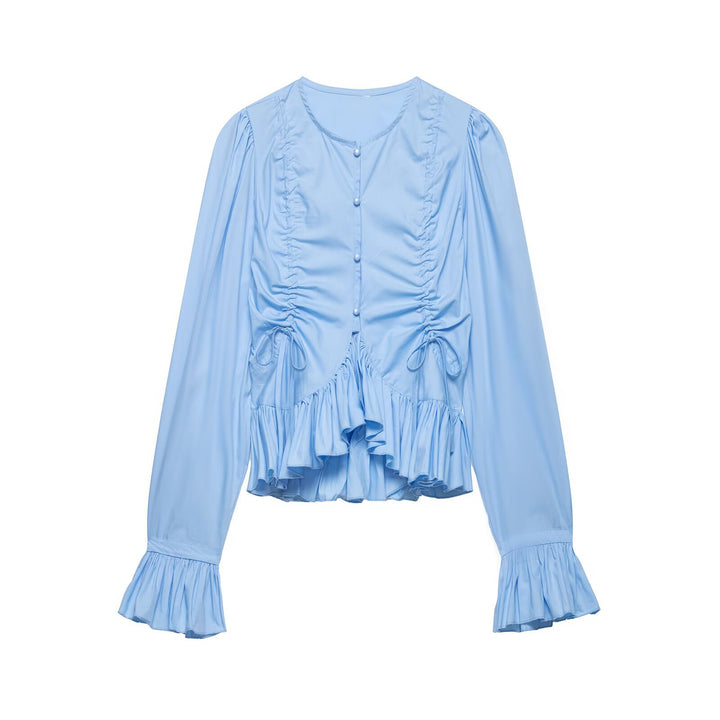 Women Ruffled Blouse with Drawstring, Balloon Sleeves and Ruffle Hem Mune Fashion