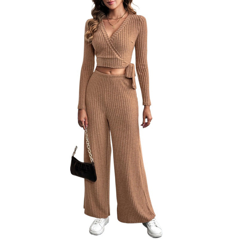 Women's Elegant Knit Set with Wrap Top and Wide Leg Mune Fashion