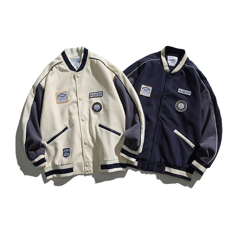 Unisex Boxy College Bomber Jacket with Badge Applications and Contrasting Ribbed Cuffs Mune Fashion