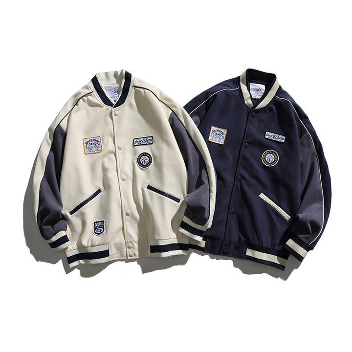 Unisex Boxy College Bomber Jacket with Badge Applications and Contrasting Ribbed Cuffs Mune Fashion