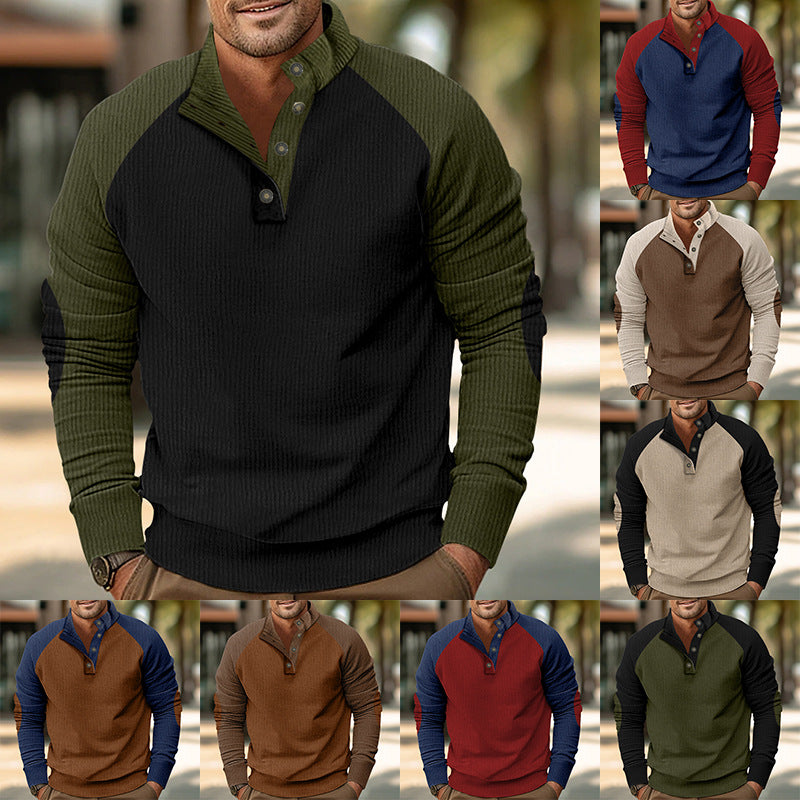 Men's Warmer Waffle Texture Henley Pullover with Contrast Raglan Sleeves & Stand Collar Mune Fashion