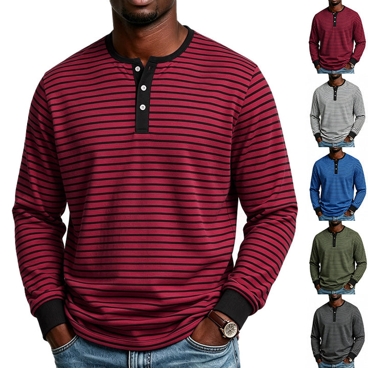 Men Striped Long Sleeve Henley Shirt Made of Cotton Blend with Button Placket Mune Fashion