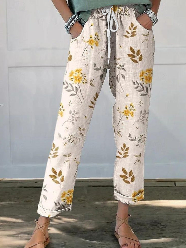Women Linen Look Pants with Floral Print, Wide Leg and Drawstring Mune Fashion