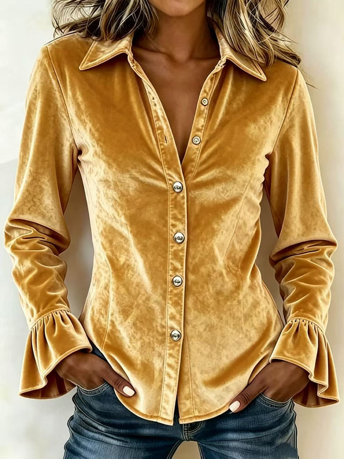 Women Tailored Velvet Blouse with Lapel Collar, Button Placket and Ruffle Sleeves Mune Fashion