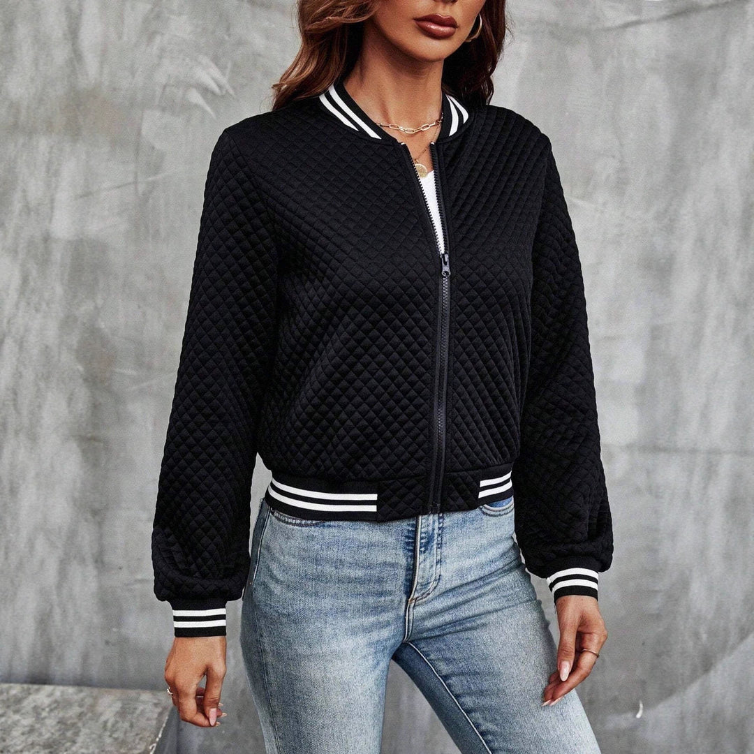 Women's Padded Bomber Jacket with Diamond Quilting, Contrast Stripes and Zipper Drune