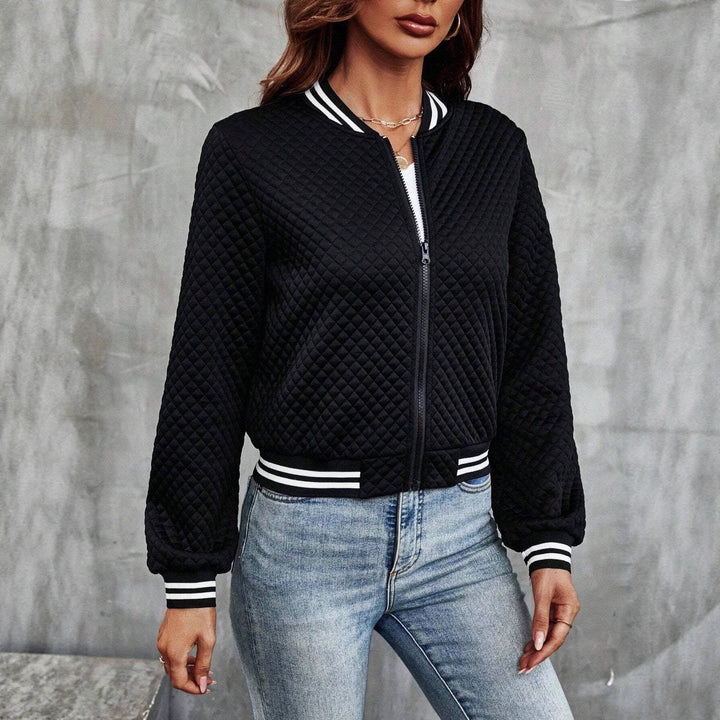 Women's Padded Bomber Jacket with Diamond Quilting, Contrast Stripes and Zipper Drune