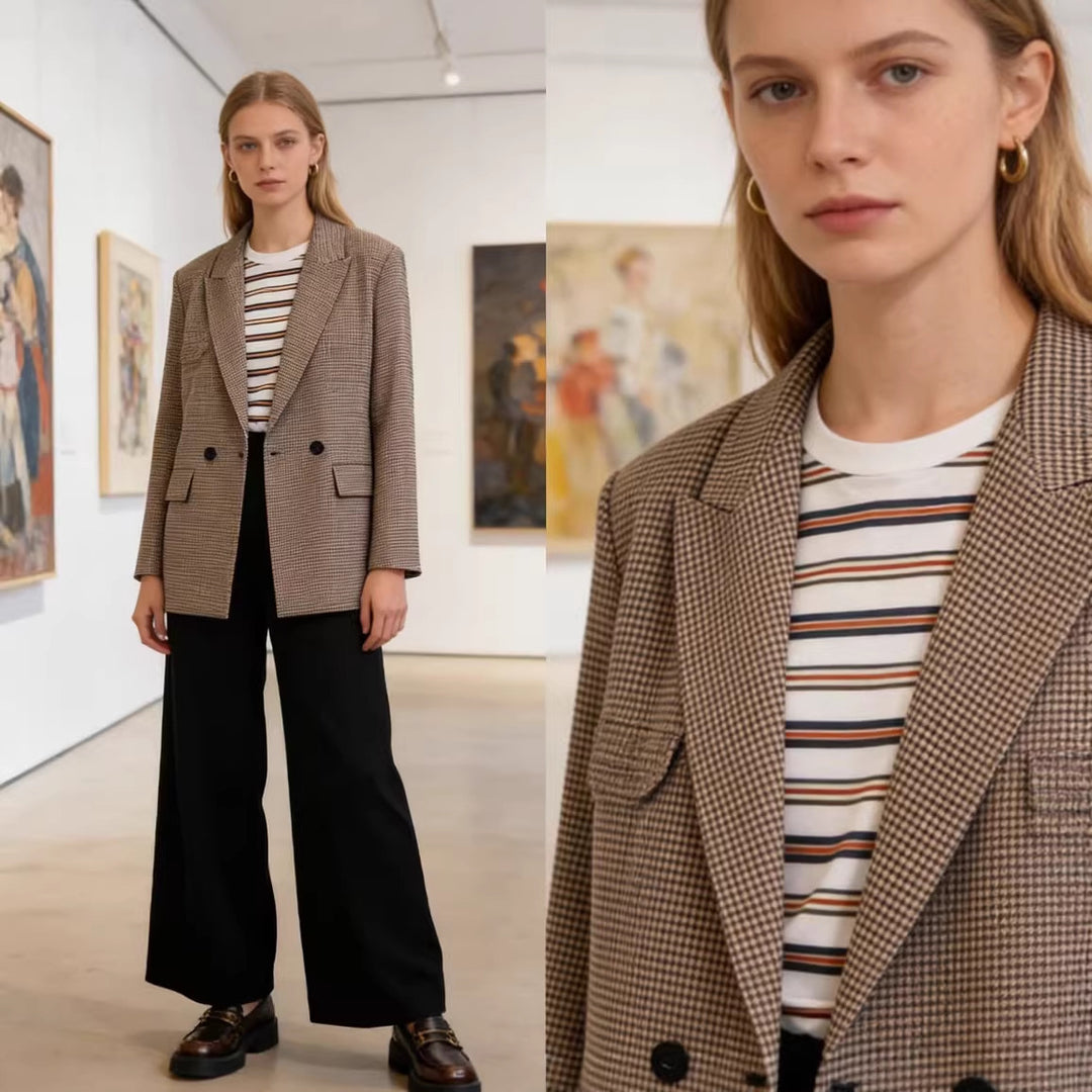 Women's Double-Breasted Oversized Blazer with Houndstooth Check and Flap Pockets Mune Fashion