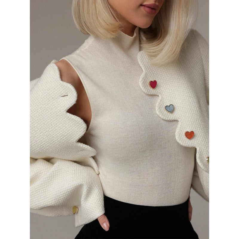 Women's Bouclé Cropped Blazer with Sculptural Shoulder and Wavy Button Placket Mune Fashion