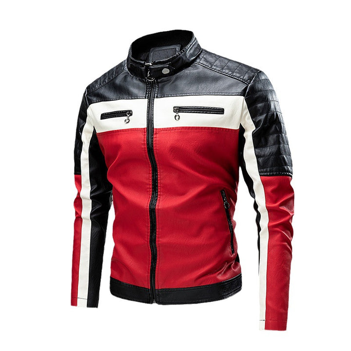 Men's biker leather jacket in colorblock design with padded shoulder section and stand-up collar Mune Fashion