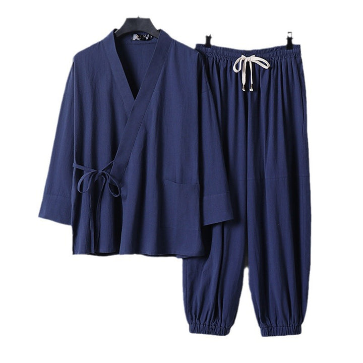 Unisex Relaxed Kimono Set with Wrap Jacket, Three-Quarter Sleeves and Elastic Cord Drawstring Pants Mune Fashion