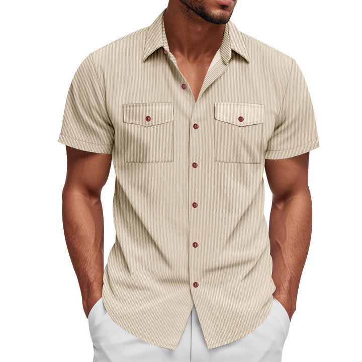 Men's casual short-sleeve shirt with lapel collar, patch flap pockets and fine pinstripe texture Mune Fashion
