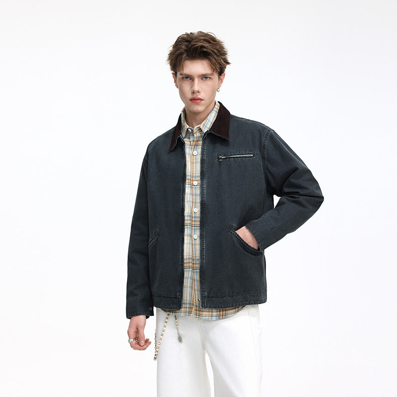 Men's casual jacket made of washed cotton canvas with cord collar and zip pocket Mune Fashion