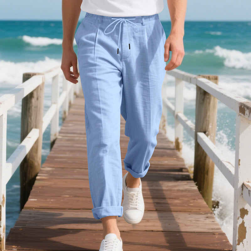Men's beach-suitable linen blend lounge pants with elastic drawstring, subtle pleat, and rolled ankle hem Mune Fashion