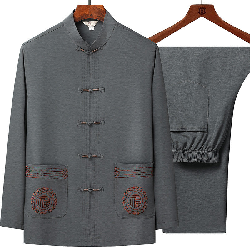 Men's traditional Tang suit set with stand collar, knot closures, and subtle embroidery details Mune Fashion