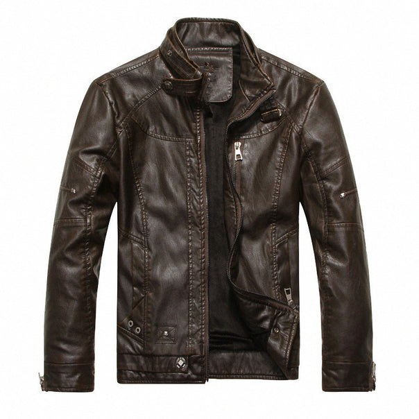 Men's faux leather biker jacket in vintage look with stand-up collar, decorative seams, and zipper Mune Fashion