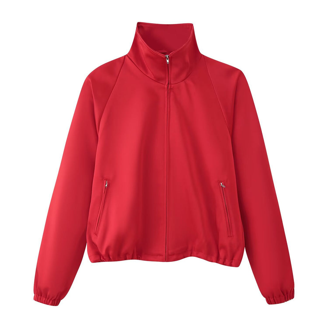 Women's Lightweight Windbreaker Jacket with Stand Collar, Zipper Pockets and Elastic Hem Mune Fashion
