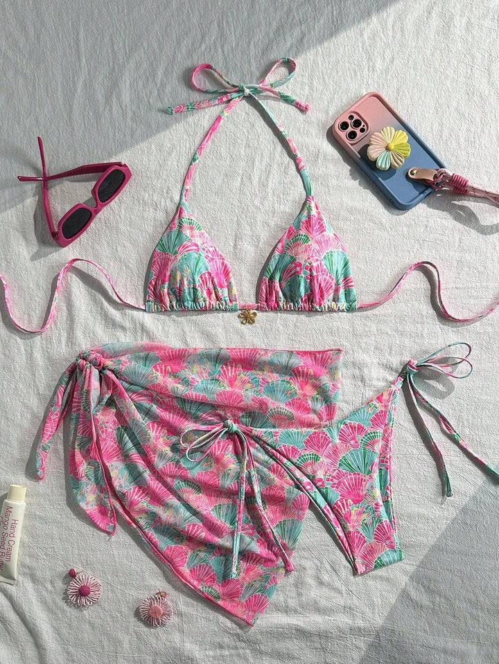 Ladies flower-embellished bikini with colorful over-skirt Mune Fashion