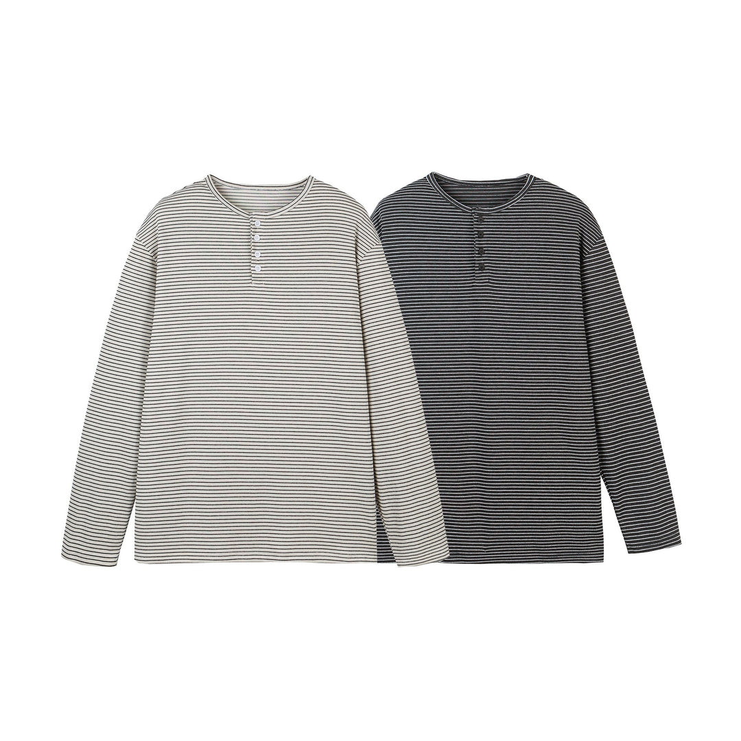 Unisex Striped Henley Long Sleeve Shirt with Button Placket and Oversized Cut Mune Fashion