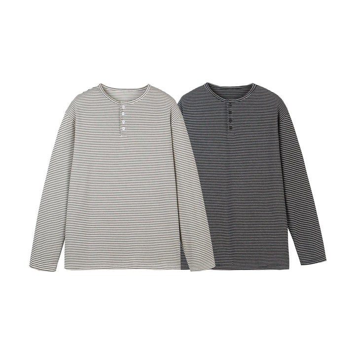 Unisex Striped Henley Long Sleeve Shirt with Button Placket and Oversized Cut Mune Fashion