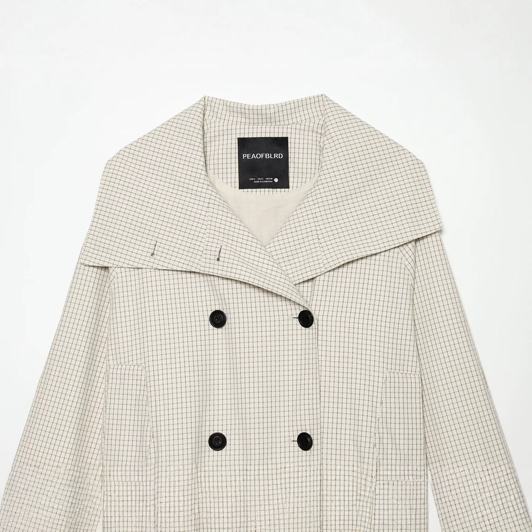 Women Short Jacket Double-Breasted Trench with Oversized Sailor Collar and Elastic Hem Mune Fashion