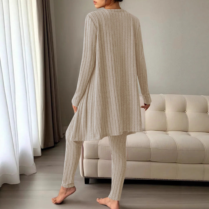 Women's Ribbed Fine Knit Lounge Set with Long Cardigan, Short Top and High-Waisted Leggings Mune Fashion