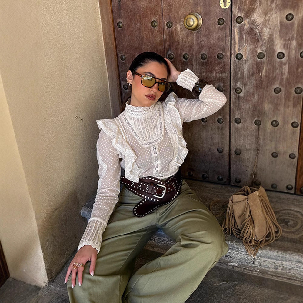 Women's Transparent Dobby Lace Blouse with High Stand-Up Collar, Ruffles & Button Cuffs Mune Fashion